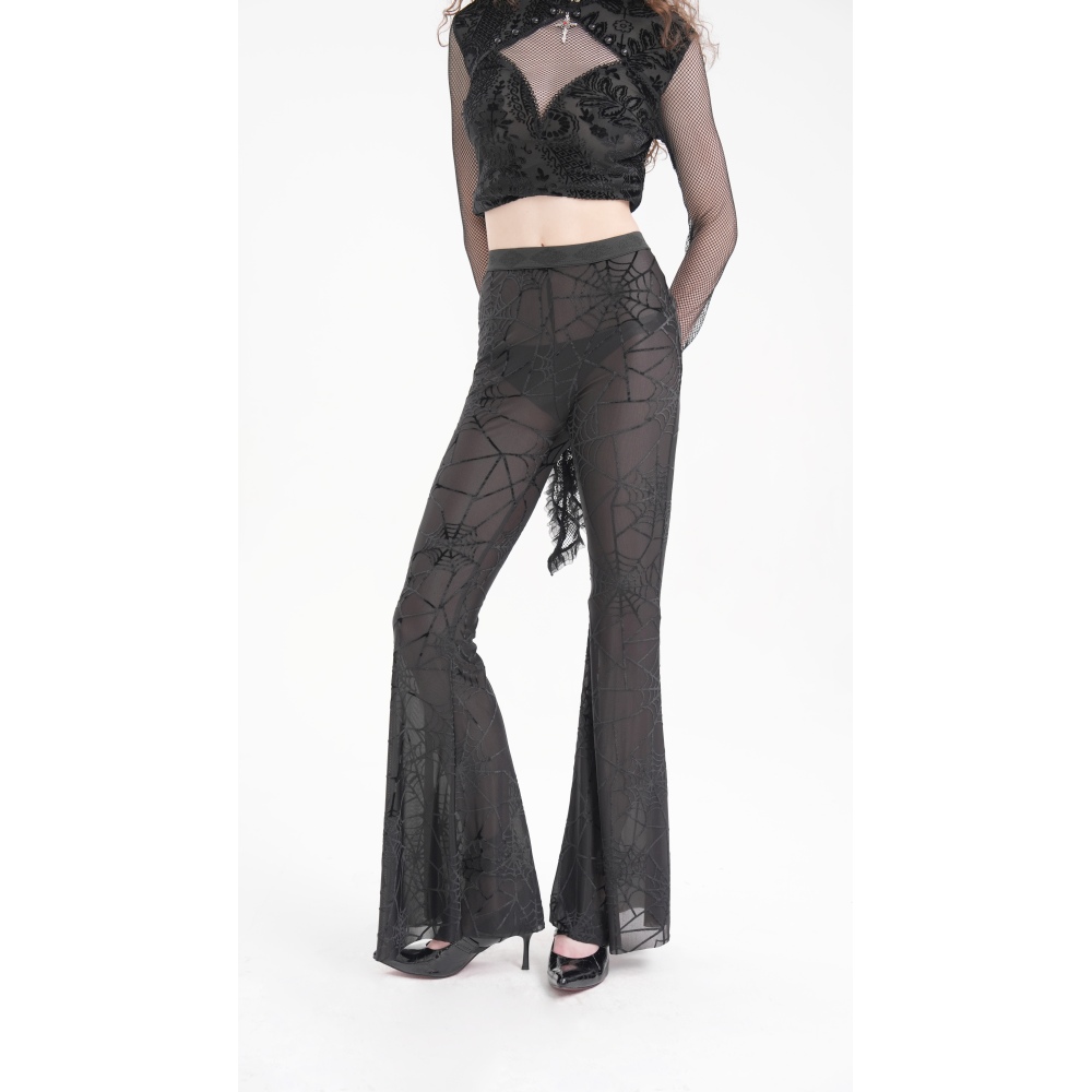 Devil Fashion - Flocked Spider Web Flared trousers - Black